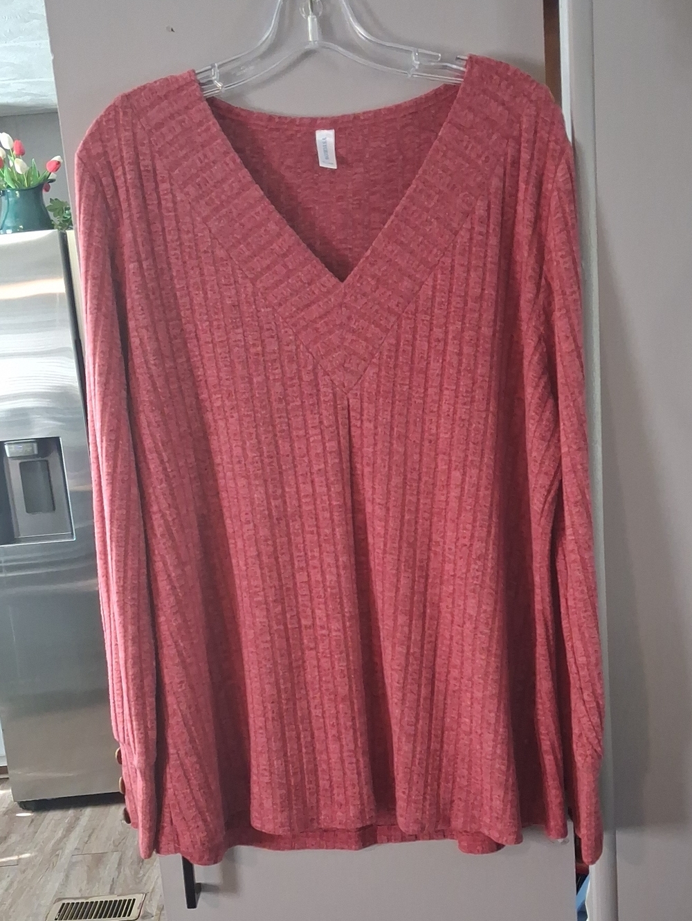 Women's V-Neck Ribbed Pullover Sweater - Rust Color